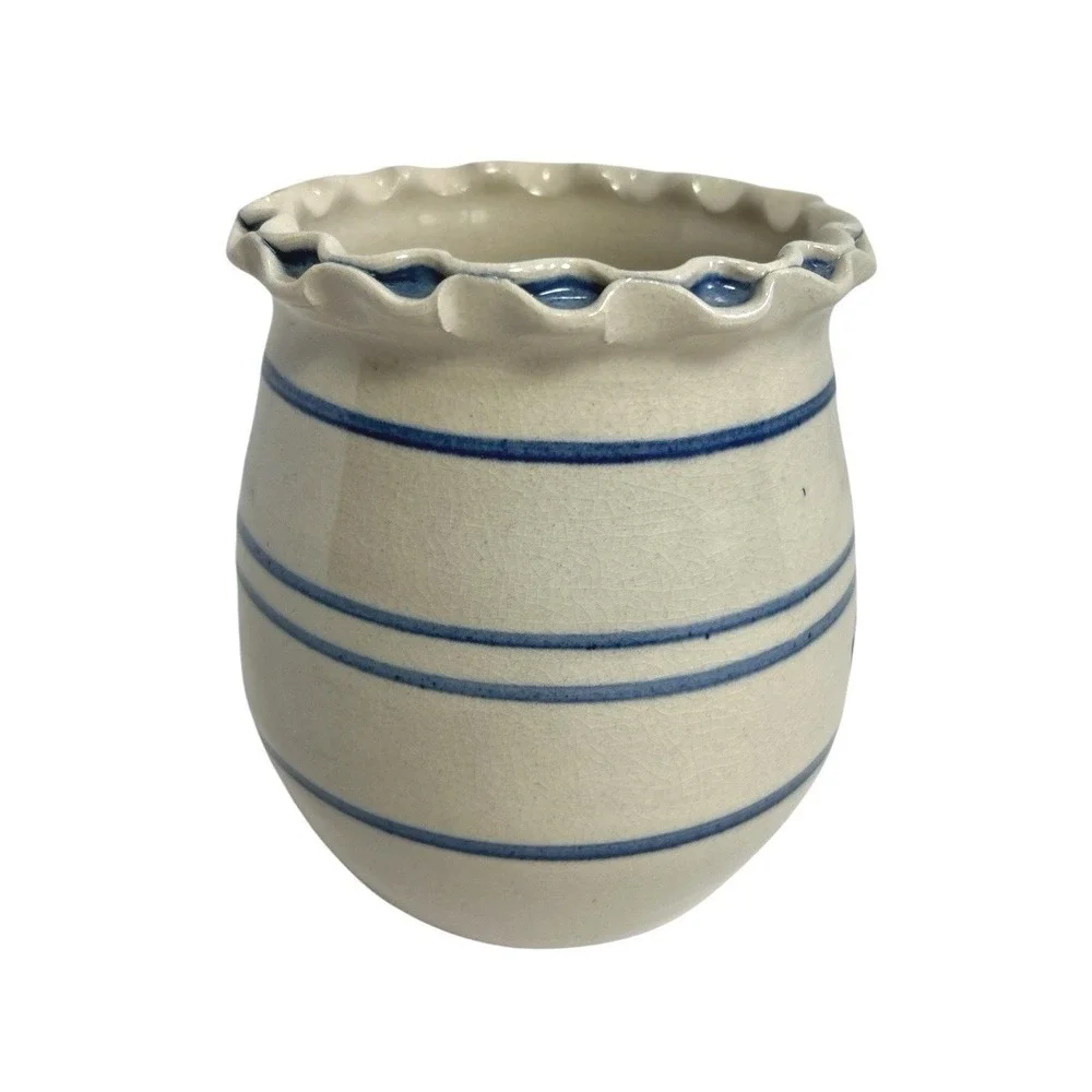 MARSHALL Pottery Blue Ruffled Rim Crock Vase T. Humphries Primitive Americana